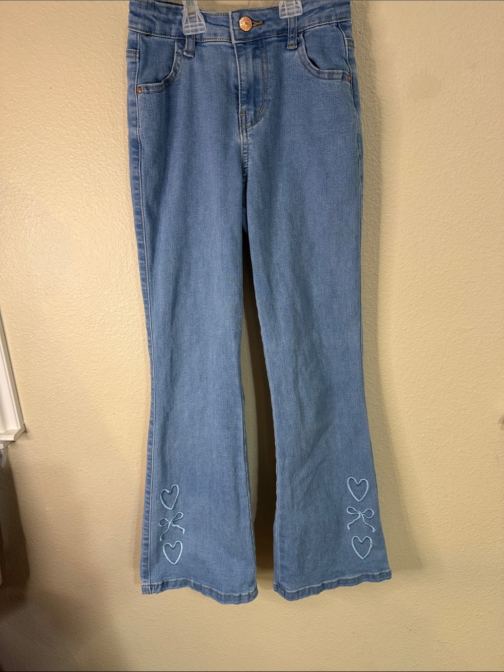 Girls' Light Wash Flare Jeans with Heart Embroidery